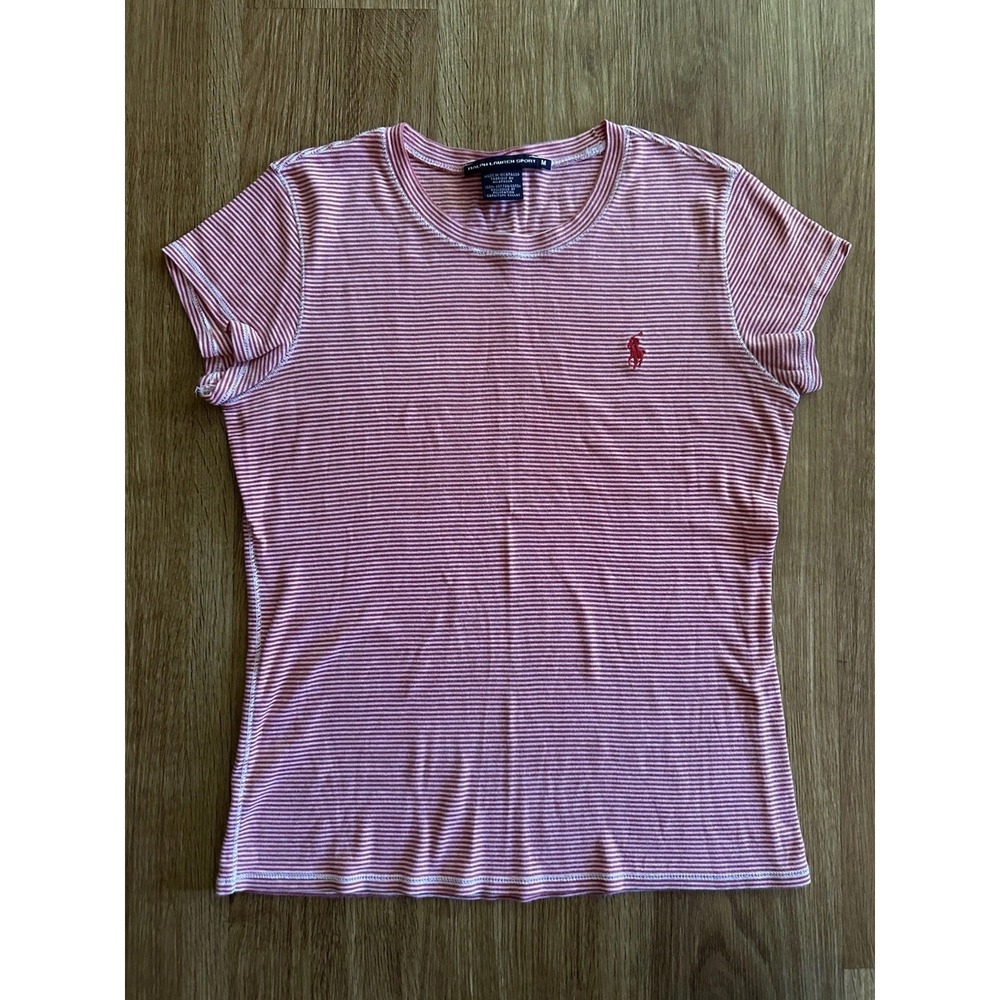 Polo Ralph Lauren Sport Tee Shirt Womens M Red White Striped Short Sleeve